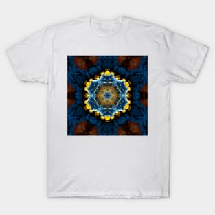 Psychedelic Mandala Flower Blue Yellow and Orange T-Shirt